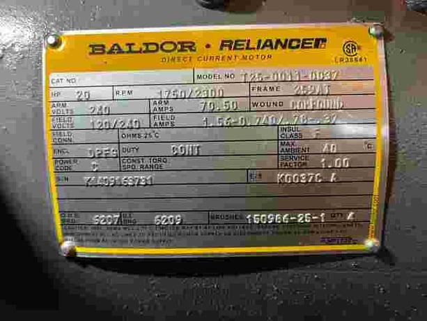 20 HP 1750/2300 RPM Baldor, Frame 259AT, 240 Volts, DPFG, Compound, DC Motor - Image 3