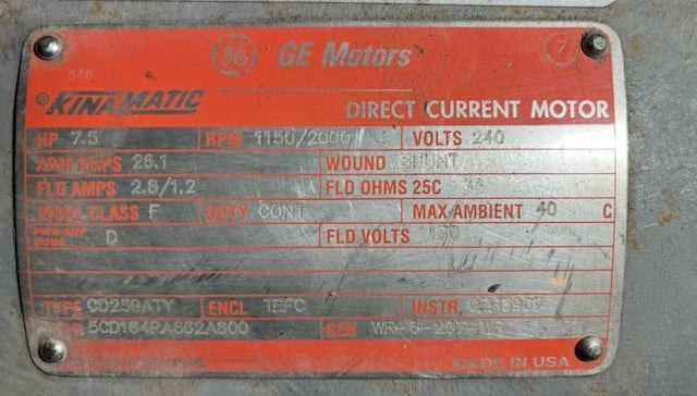 7 HP 1150/2000 RPM General Electric, Frame 259ATY, 240 Volts, TEFC, Shunt, DC Motor - Image 3