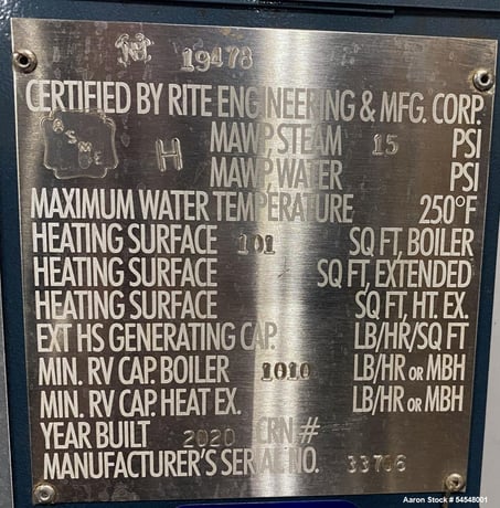 798,000 BTUH Rite #105S, Natural Gas-Fired Low Pressure Steam Boiler, 19 BHP, 15 PSI, 2020 - Image 9