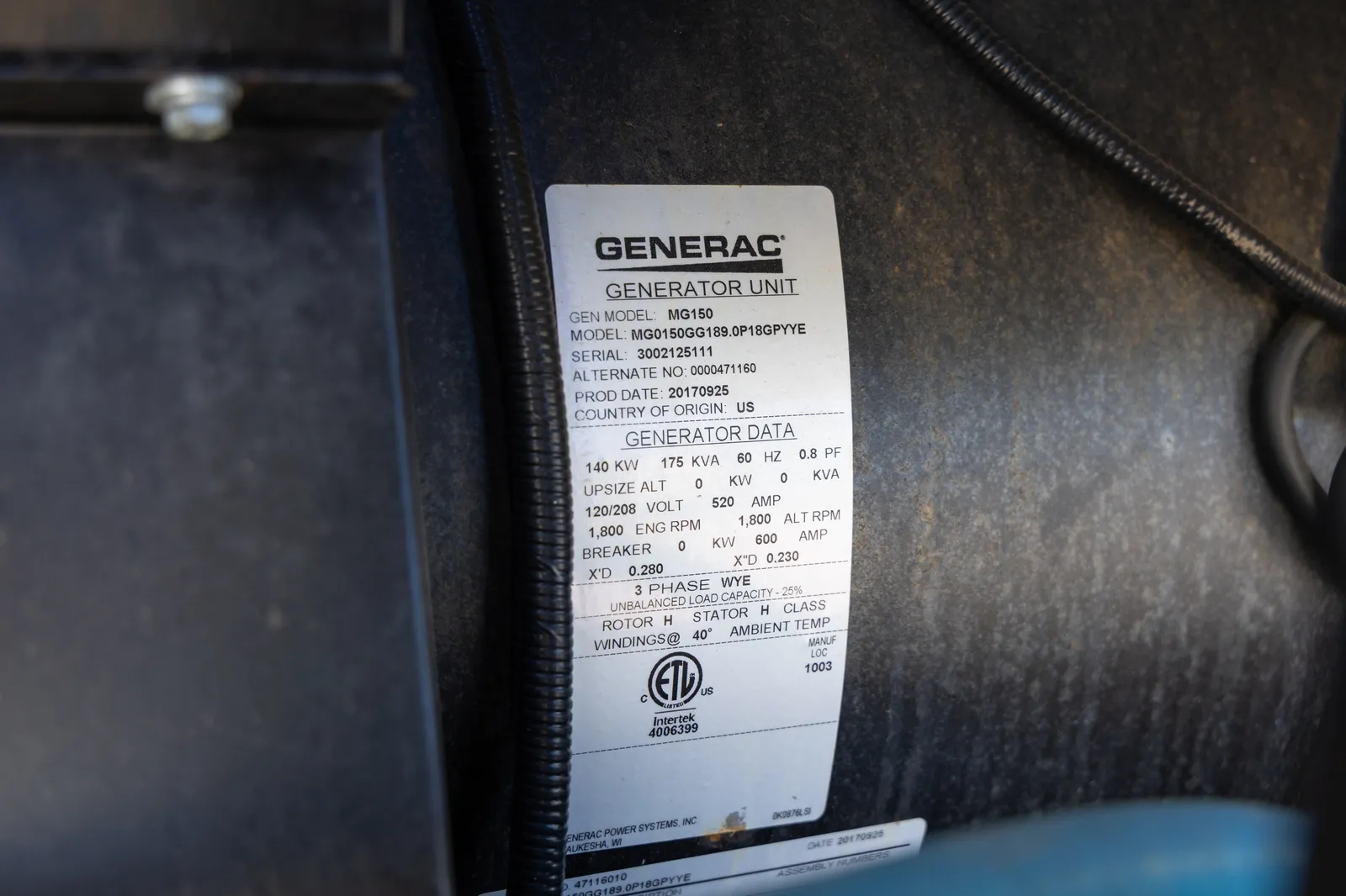 140 KW Generac #MG0150GG189.OP18GPYYE, natural gas generator set, standby, weatherproof enclosure, 120/208 - Image 5