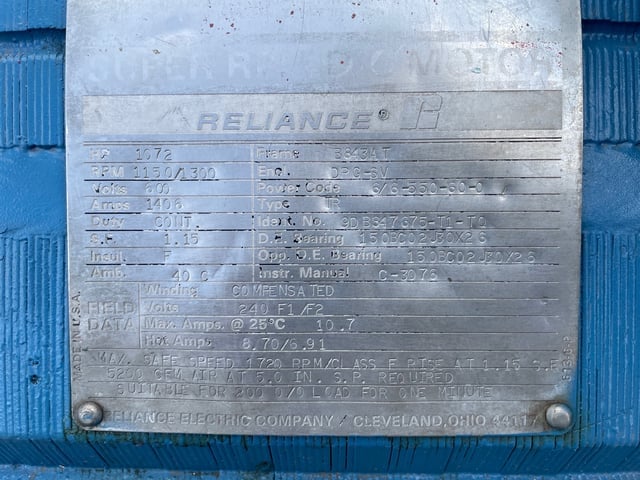 1000 HP 1200 RPM Reliance, Frame B843AT, DPFVBB, 600 VA, 240 VF - Image 3