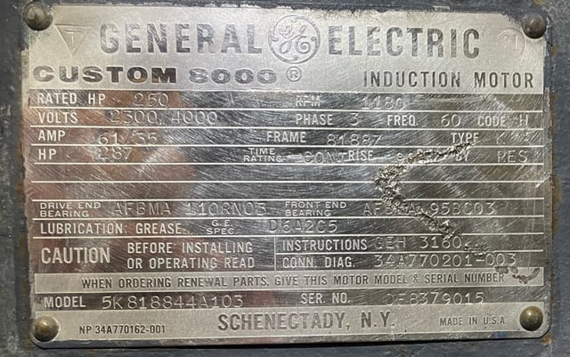 250 HP 1200 RPM General Electric, Frame 8188Z, Drip-Proof Ball Bearing, 2300/4000 Volts - Image 3