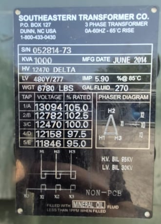 1000 KVA 12470 Delta Primary, 480Y/277 Secondary, Southeastern, 3PH Padmount Transformer, 2014 - Image 2