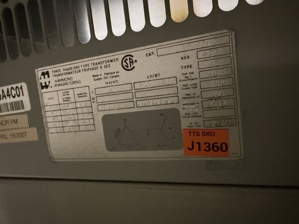 450 kVA, 410 Delta, 208Y / 120V Isolation Hammond Manufacturing, 3-Ph Dry Transformer - Image 1