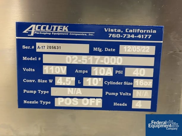 Accutek #AVF4-16, Inline Piston Filler, bottom up fill, slat conveyor, Delta Control, 2022 - Image 2