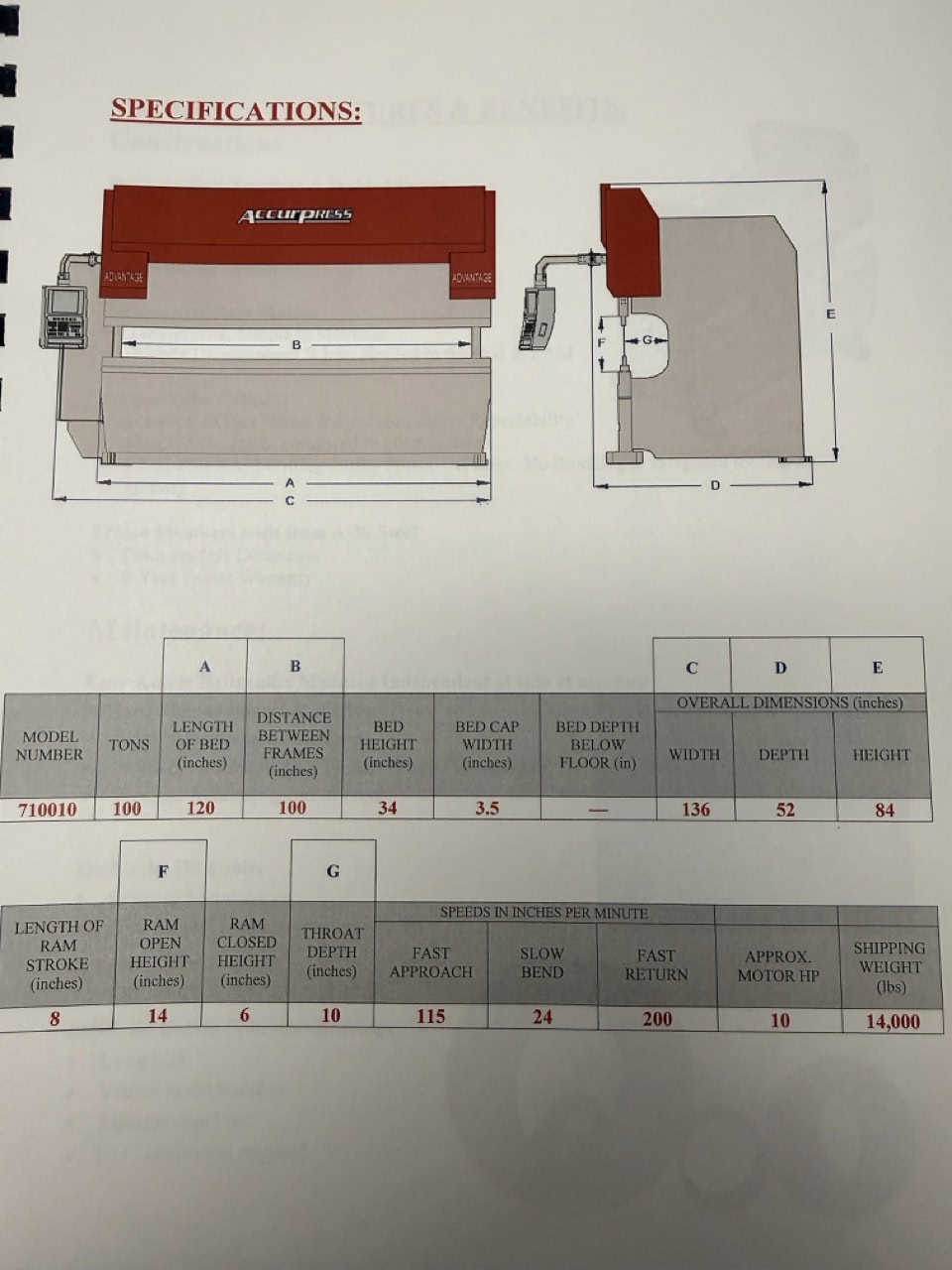 100 Ton, Accurpress #710010, CNC Press Brake, 10' overall, 100" Between Frames, 10" Throat, 10 HP, Wila - Image 5