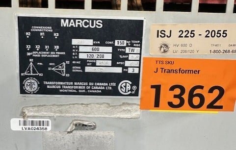 220 KVA 600 Delta Primary, 208Y/120 Secondary, Marcus Transformer of Canada Ltd. 3-Phase, Isolation - Image 2