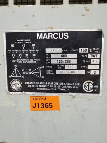 112 KVA 480 Delta Primary, 120Y/208 Secondary, Marcus Transformer of Canada Ltd., Isolation, 3-Phase - Image 1