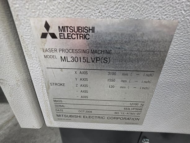 Mitsubishi #ML-3015LVP-Plus, CNC CO2 Laser, 4000 watt, 120" x 60" max. sheet, 122" X, 61" Y, 3.54" Z, pallet - Image 2
