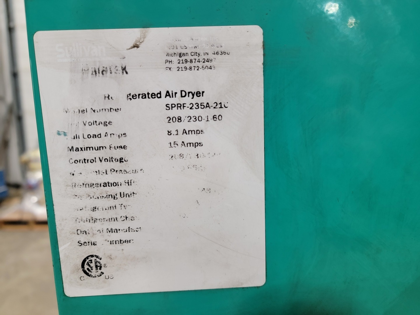235 cfm, 230 psig, Sullivan Palatek #SPRF-235A-216, Refrigerated Compressed Air Dryer, 1 HP, 1-1/4" ports - Image 2