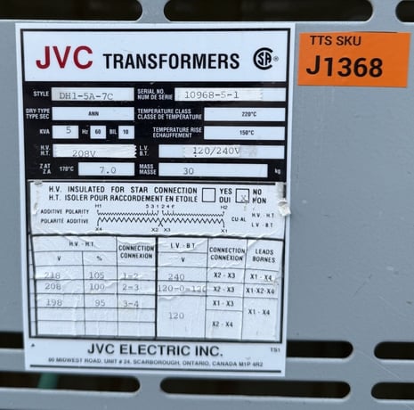 5 KVA 208 Primary, 120/240 Secondary, JVC Electric Inc. Dry-Type, 1-phase transformer, 60Hz, Serial No. - Image 1