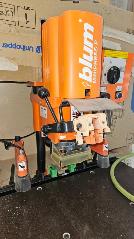 Blum #M53.1053-CA, Vertical Pneumatic Minipress Boring & Insertion Machine, 35 mm hinge cup boring, 220 V. - Image 2