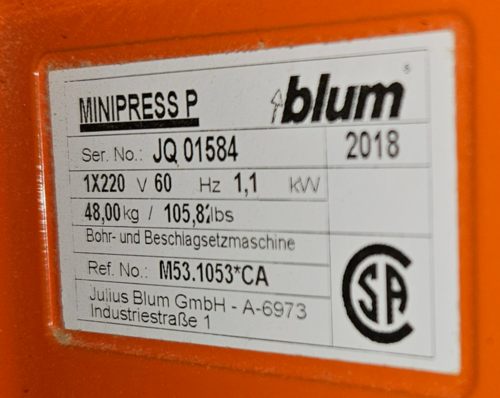 Blum #M53.1053-CA, Vertical Pneumatic Minipress Boring & Insertion Machine, 35 mm hinge cup boring, 220 V. - Image 4