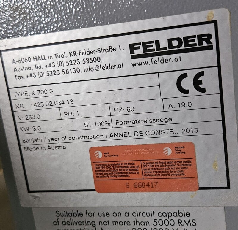 Felder #K-700-S, Sliding Table Saw, 8'-10' X-Roll sliding table length, 5.5-7.5 HP, scoring blade, 1PH, 2013 - Image 4