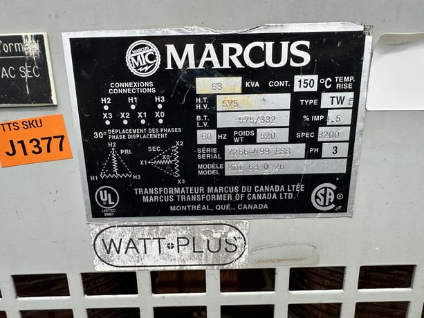 63 KVA 575 Delta Primary, 575Y/332 Secondary, Marcus Transformer of Canada Ltd., Dry Type TW Isolation Nylon - Image 2