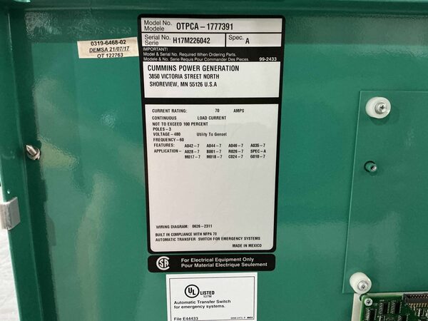 70 Amp. Cummins #OTPCA-1777391, automatic transfer switch, 480 Volts, 3PH, 3-pole, 2017 - Image 5