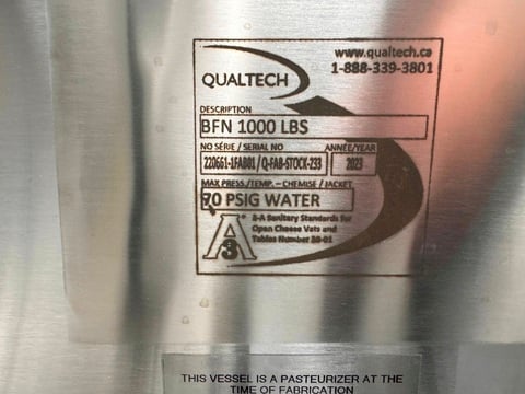 1,000 lb. Qualtech, Jacketed Pasteurizing Cheese Vat, 70 psig water max. jacket pressure, 2023 - Image 5