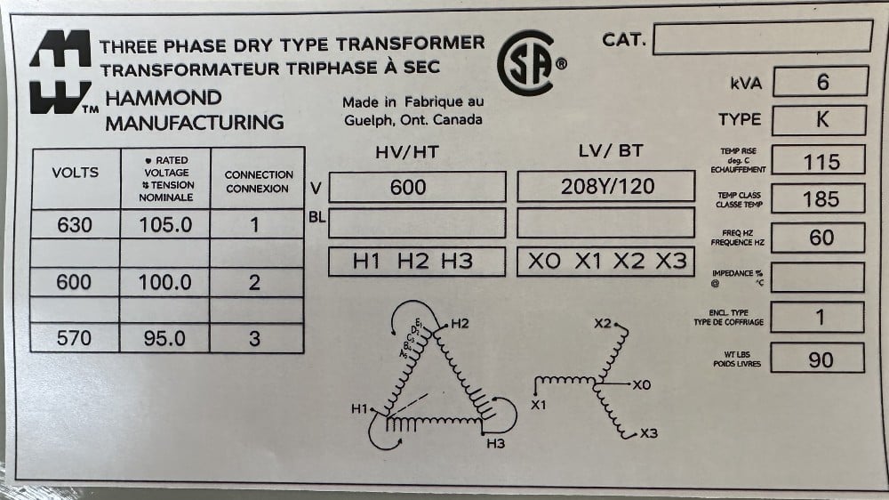 6 KVA 600 Delta Primary, 208Y/120 Secondary, Hammond Mfg., Dry Type K Transformer, Isolation, 3-Phase, 60 Hz - Image 1