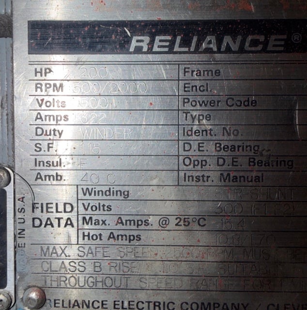 200 HP 500/2000 RPM Reliance Frame B588ATZ, STR-Shunt, DPG-FV, 500 VA, 300 VF (3 available) - Image 1
