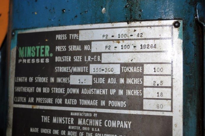 100 Ton, Minster #P2-100-42, straight side double crank press, 1.5" stroke, 18" Shut Height, 2.5" adj. - Image 2