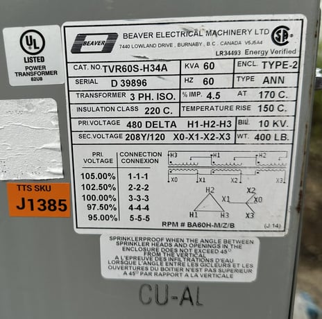 60 KVA 480 Delta Primary, 208Y/120 Secondary, Beaver ANN, Dry-Type Isolated Transformer, Type 2 - Image 1