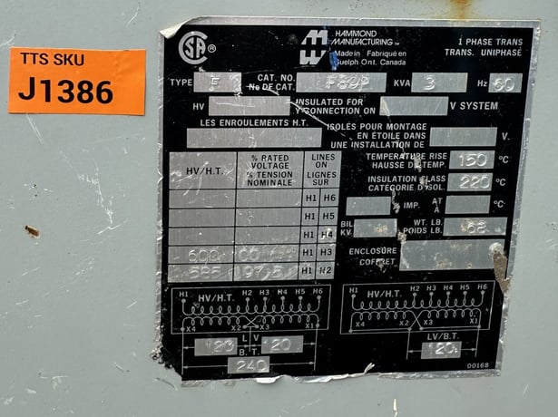 3 kVA 600 Delta Primary, 120/240 Secondary, Hammond, Type F Isolation Transformer - Image 1