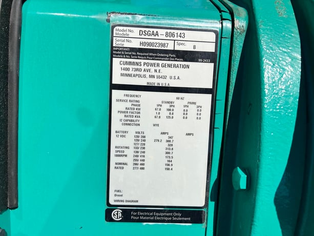 100 KW Cummins/Onan #DSGAA-806143, Diesel Generator Set, 277/480 Volt, 1800 RPM, Cummins QSB7-G3 engine - Image 10