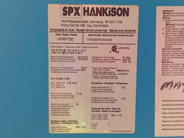 750 scfm, 200 psig, Hankison #HPRP750, Refrigerated Compressed Air Dryer, R-134a refrigerant, 120&deg;F max. - Image 2