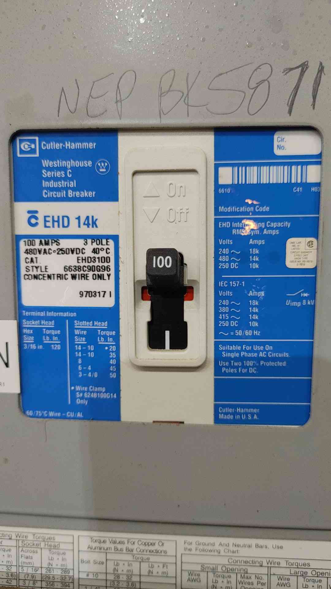 100 Amp. Cutler-Hammer, PRL2A, panelboard, 480 Volts, 3 Phase, EHD3100 main, 15x 20A GHB breakers - Image 4