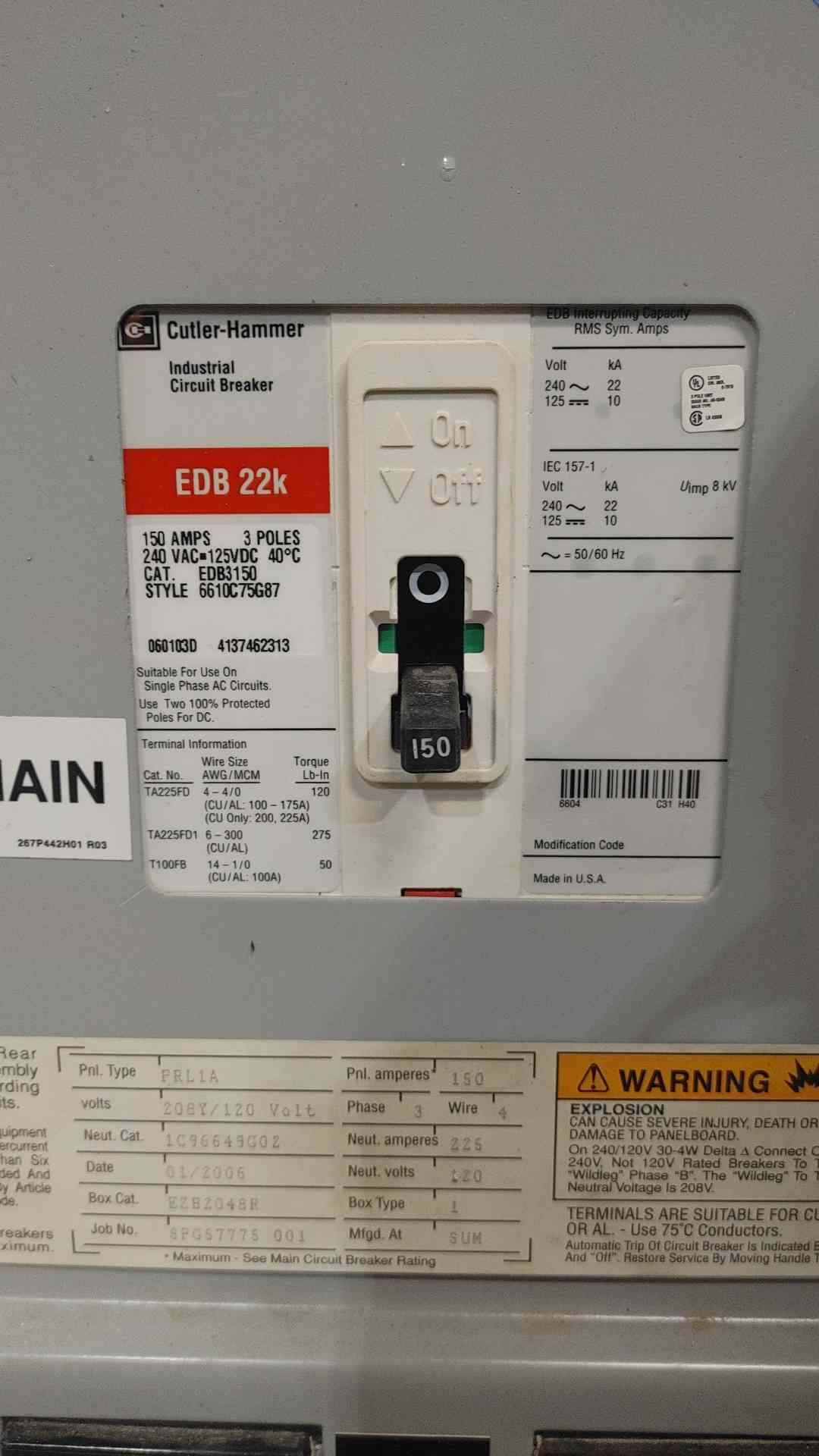 150 Amp. Eaton Cutler-Hammer, PRL1A, main, panelboard, 208Y/120 Volts, 3 Phase, 42 circuit, Pow-R-Line (2 - Image 4