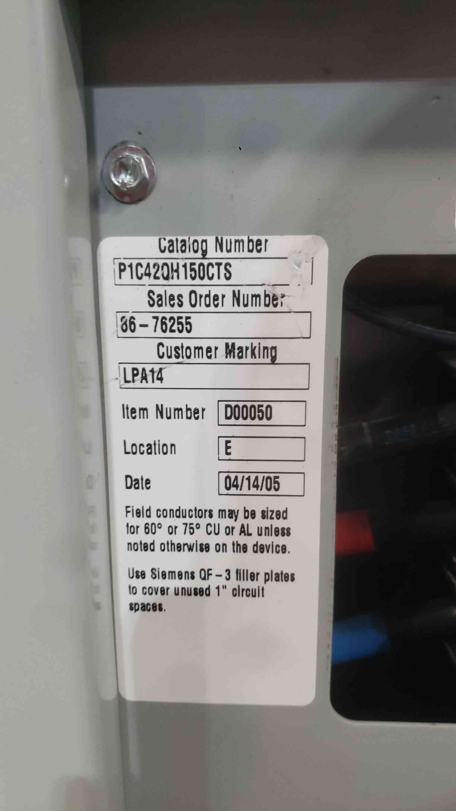 250 Amp. Siemens, P1, #P1C42QH150CTS, panelboard, 120/208 Volts, 3 Phase, main breaker, 27x 20A, 9x 15A - Image 4