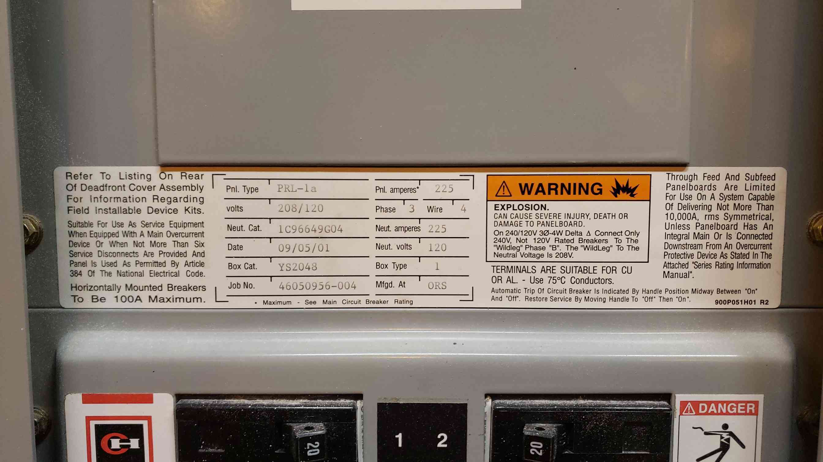 225 Amp. Cutler-Hammer, panelboard, 120/208 Volts, PRL-1a, 3 phase, loaded w/ 40x BAB breakers - Image 4