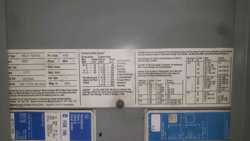 400 Amp. Westinghouse, PRL3, main breaker panelboard, 480 Volts, 3 Phase, 42 circuit, Series C FDB - Image 6