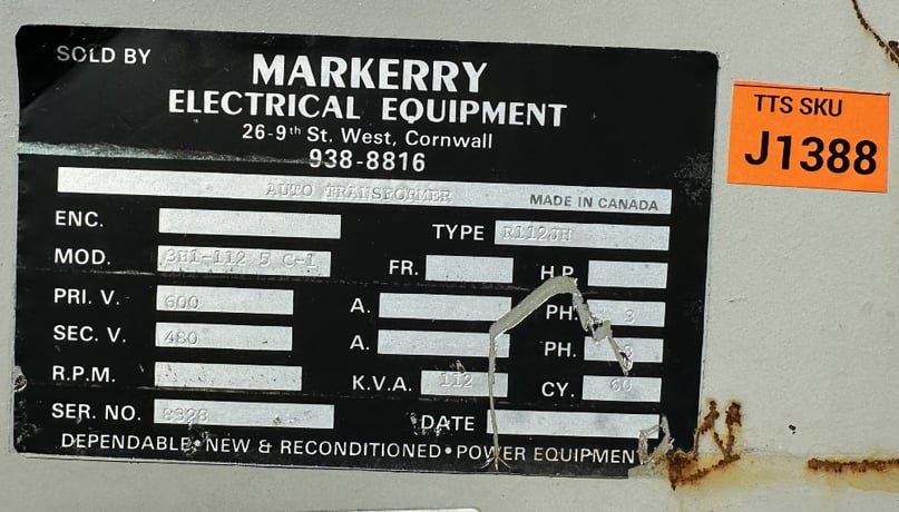 112 KVA 600 Primary, 480 Secondary, REX Mfg., auto transformer, 3-phase, 60Hz - Image 1