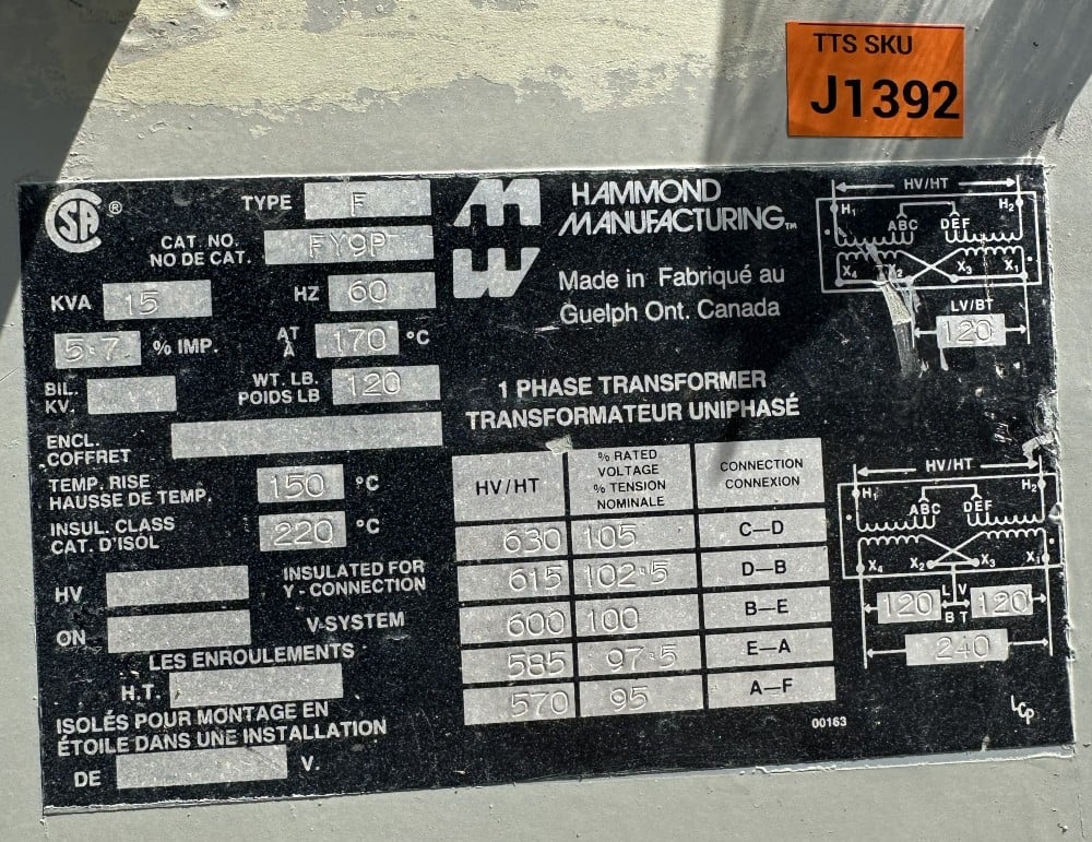 15 KVA 600 Primary, 120/240 Secondary, Hammond Mfg., Dry Type Transformer, Type F, 60 Hz - Image 1