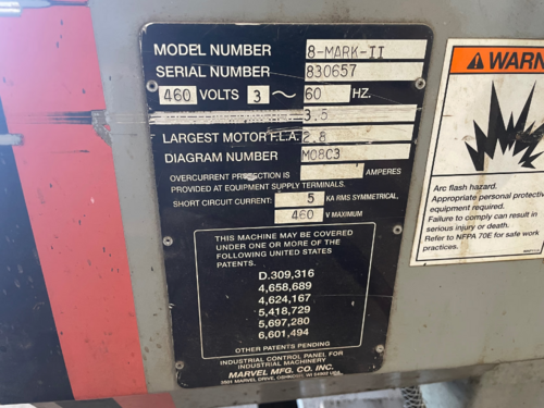 18" x 22" Marvel #Mark-II, vertical bandsaw, 14' 6" x 1" x 0.35" blade, 50-450 FPM, S/N 830657, 33" x24.25" - Image 8