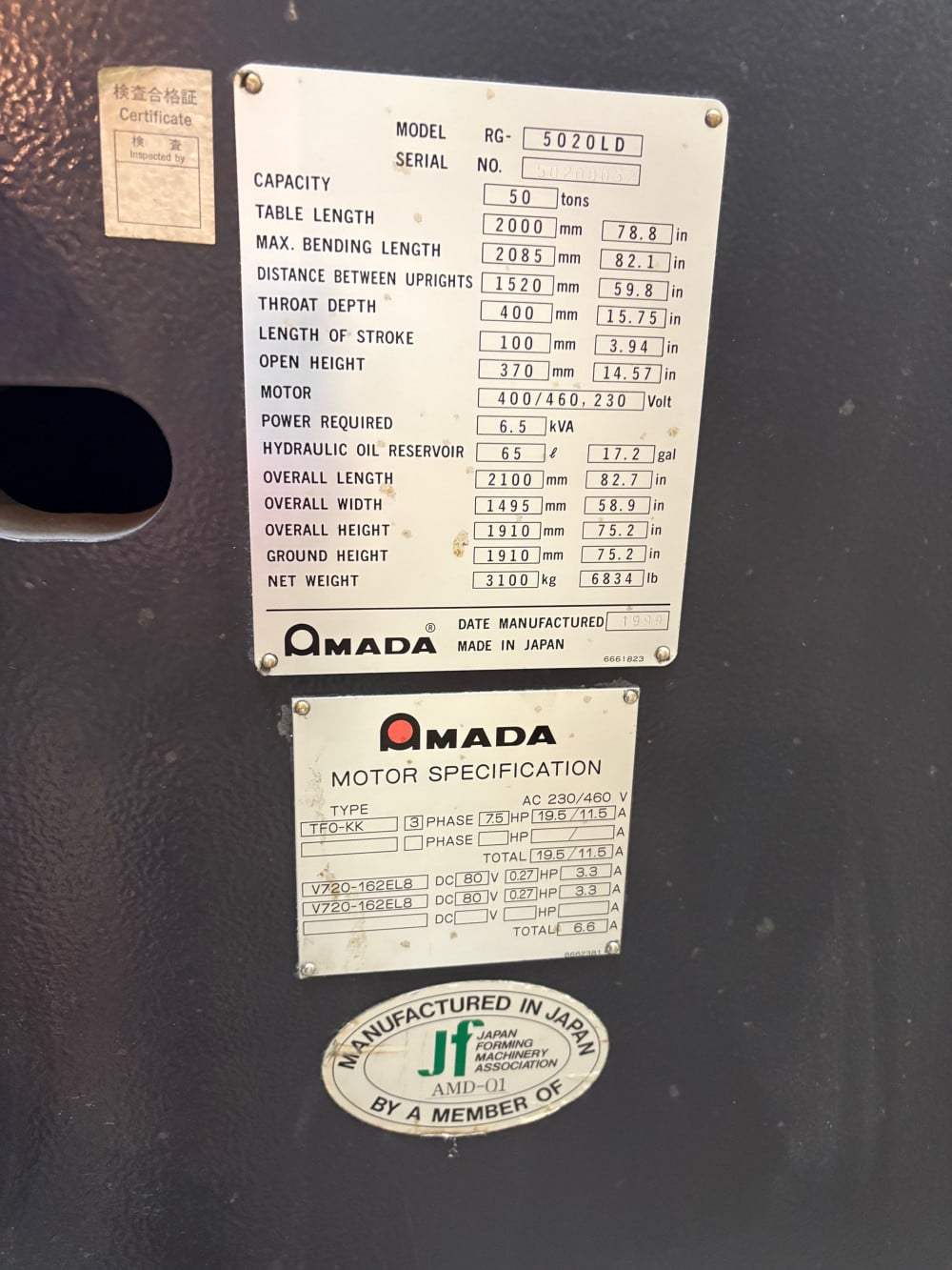 50 Ton, Amada #RG-5020LD, up-acting hydraulic press brake, 6.5'OA, 4" stroke, 15.75" throat, 14.57" open, 1999 - Image 4