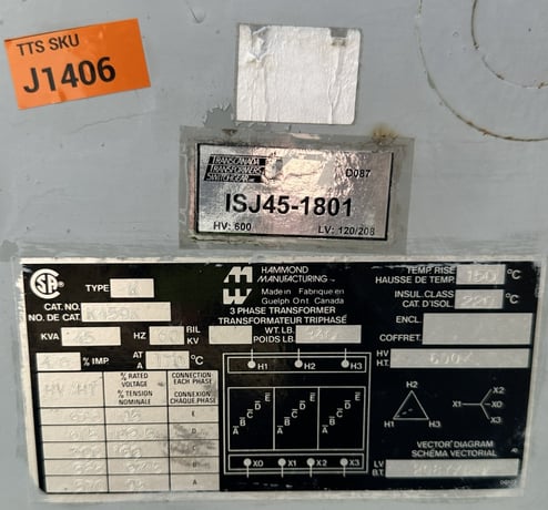 45 KVA 600 Delta Primary, 208Y/120 Secondary, Hammond Mfg., Three-Phase Isolation Transformer, Type-K, 60 Hz - Image 1