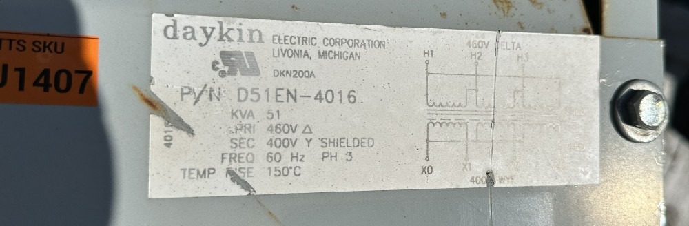 51 KVA 460 Delta Primary, 400Y Secondary, Daykin Electric Corp., Three-Phase Isolation Transformer, 60 Hz - Image 2