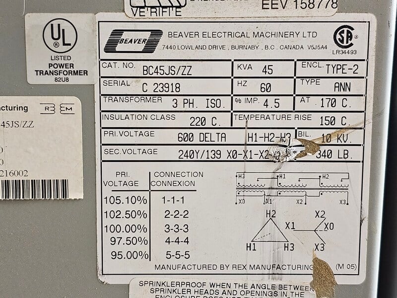 45 KVA 600 Delta Primary, 240Y/139 Secondary, Beaver #BC45JS/ZZ, Dry Type Isolation Transformer, Nema 2 - Image 2