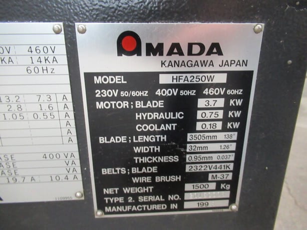 10" x 11" Amada #HFA250W, Programmable Auto Horiz Bandsaw, 1" x.037" x 11' 6" blade, variable speed, 70-262 - Image 9