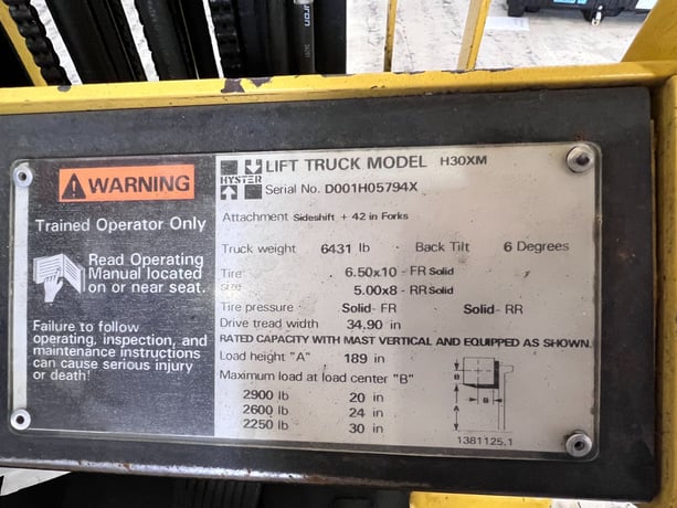 3000 lb. Hyster #H30XM, forklift, 20" load center, LP gas, 189" lift height, 42" forks, side shift, solid - Image 4