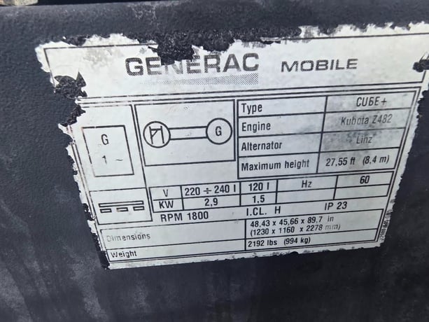 Generac #Cube, 3 KW light tower, 5.1 HP @ 1800 RPM, Kubota Z482 diesel engine, 120/240 Volts, 60 Hz., 64.4 - Image 4
