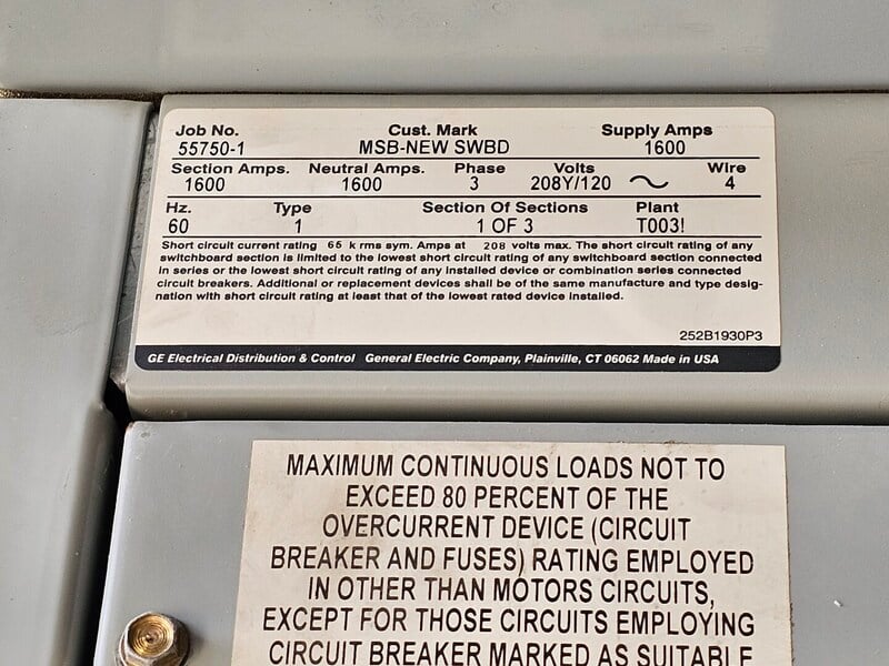 1600 Amp. General Electric, Spectra Series Switchboard, Power Break II 1200 amp main breaker, 208Y/120 Volts - Image 2