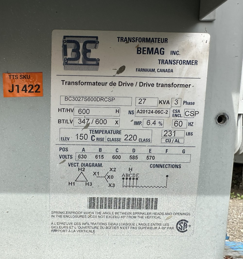 27 KVA 600 Delta Primary, 347Y/600 Secondary, Bemag, drive transformer, isolation, 3 Phase, 60 Hz. - Image 1
