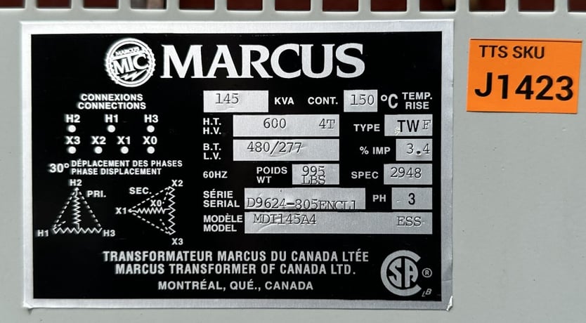 27 KVA 600 Delta Primary, 347Y/600 Secondary, Marcus Transformer of Canada Ltd., 3-Phase Isolation - Image 2
