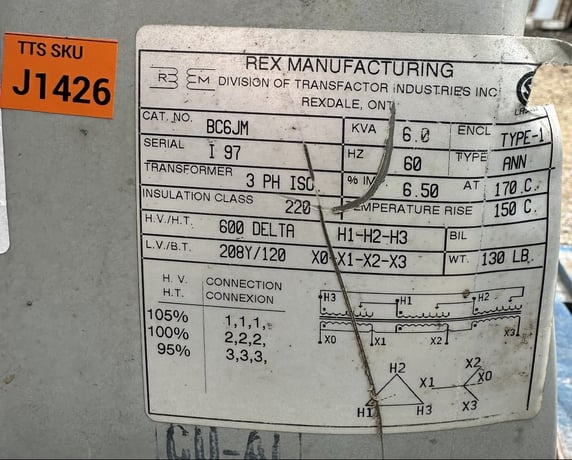 6 KVA 600 Delta Primary, 208Y/120 Secondary, Rex Mfg. (Transfactor Industries Inc.), 3-Phase Isolation - Image 2