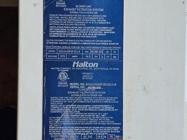 Halton #ECOL-O-6-ESP-EF-OC-C-B, Exhaust Filtration System, 6,000 cfm, 15 HP, 3500 RPM, 9.16" w.g., Danfoss - Image 3