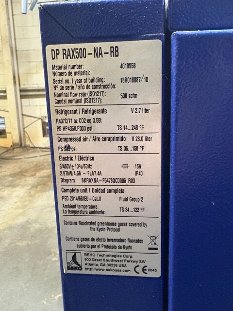 500 SCFM, 200 psig, Beko #DP-RAX500-NA-RB, Refrigerated Compressed Air Dryer, IP40 enclosure, R407C, 460 V. - Image 4