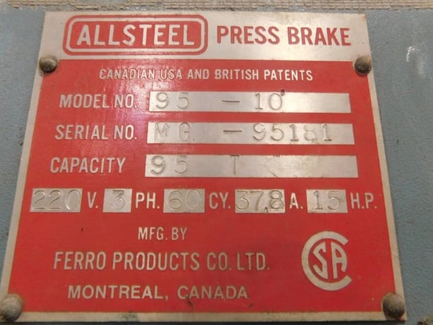 95 Ton, Allsteel #95-10, Hydraulic Press Brake, 10' overall, Manual Backgauge, Digital Depth Stop - Image 6